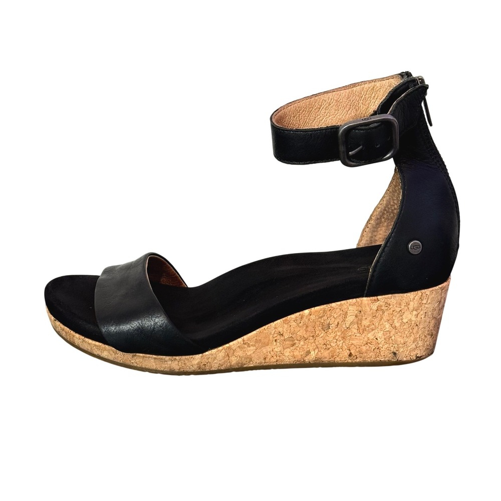 UGG Black Leather Wedge Sandals Womens 8.5 Zoe II Cork Ankle Strap 1102674